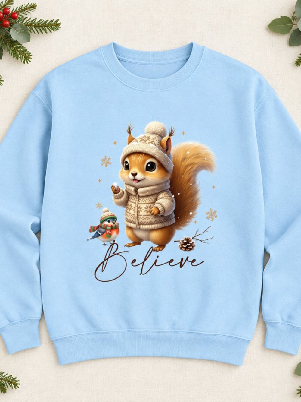 Believe Christmas Squirrel Sweatshirt Light Blue Winter Woodland Women’s Jumper